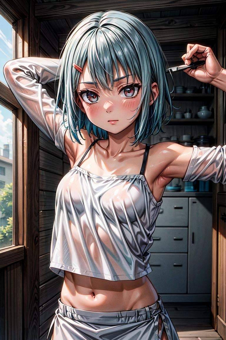 High detailed,  masterpiece,  best quality,  8K,  highres,  Fuu_Lor4,  short hair,  bangs,  skirt,  shirt,  hair ornament,  bare shoulders,  small breasts,  white shirt,  blue hair,  hairclip,  midriff,  off shoulder,  white skirt, masterpiece,  arms up stright,<lora:EMS-299928-EMS:0.600000>,<lora:EMS-179-EMS:0.800000>
