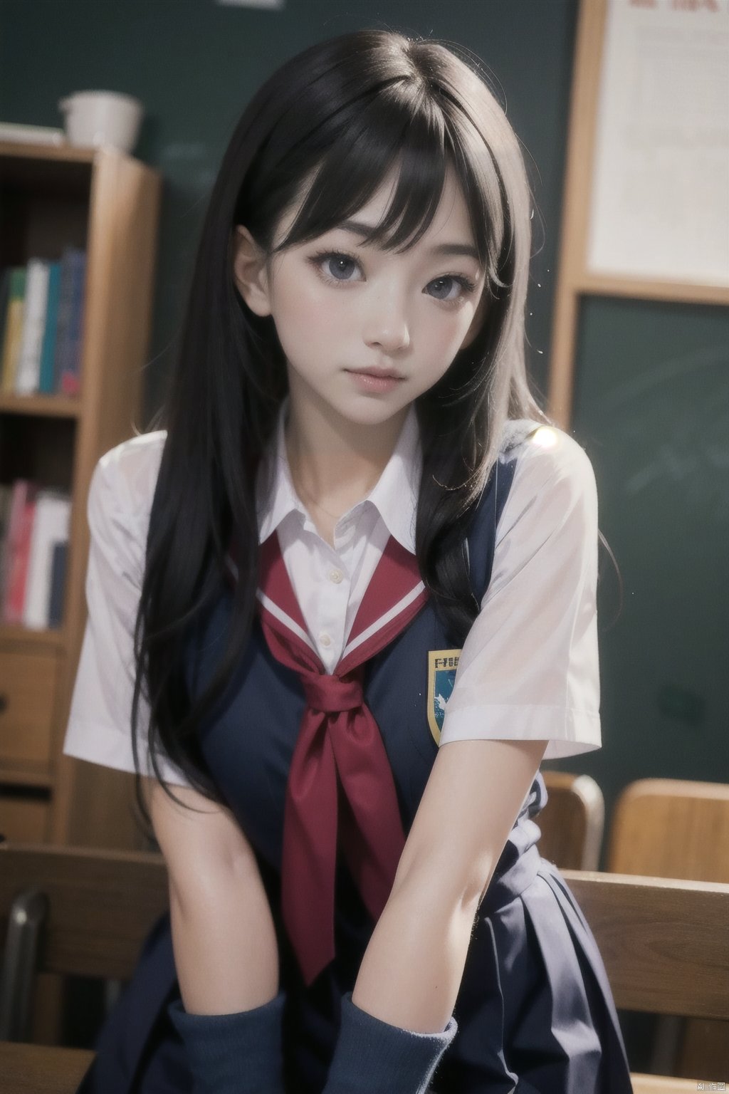  1 girl, solo, looking at the audience,, long hair,school_uniform,