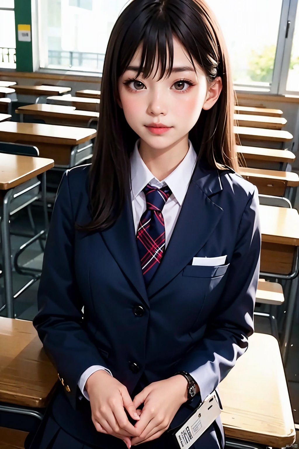  1 girl, solo, looking at the audience,, long hair,school_uniform,