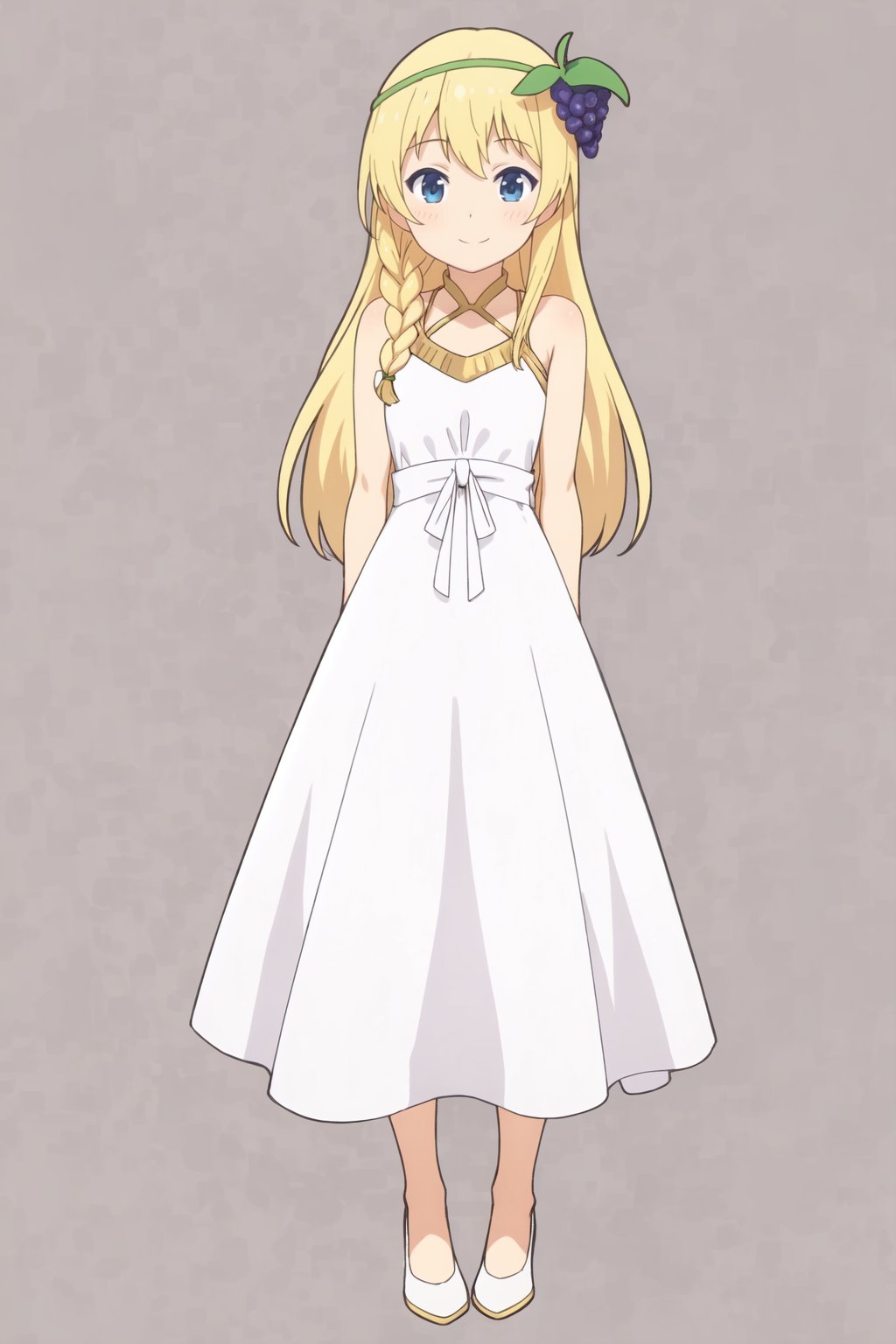 <lora:irisV1:0.7>iris,blue eyes,1girl,solo,long hair,looking at viewer,smile,blonde hair,hair ornament,white background,dress,full body,braid,food,white dress,single braid,fruit,side braid,grapes,simple background,