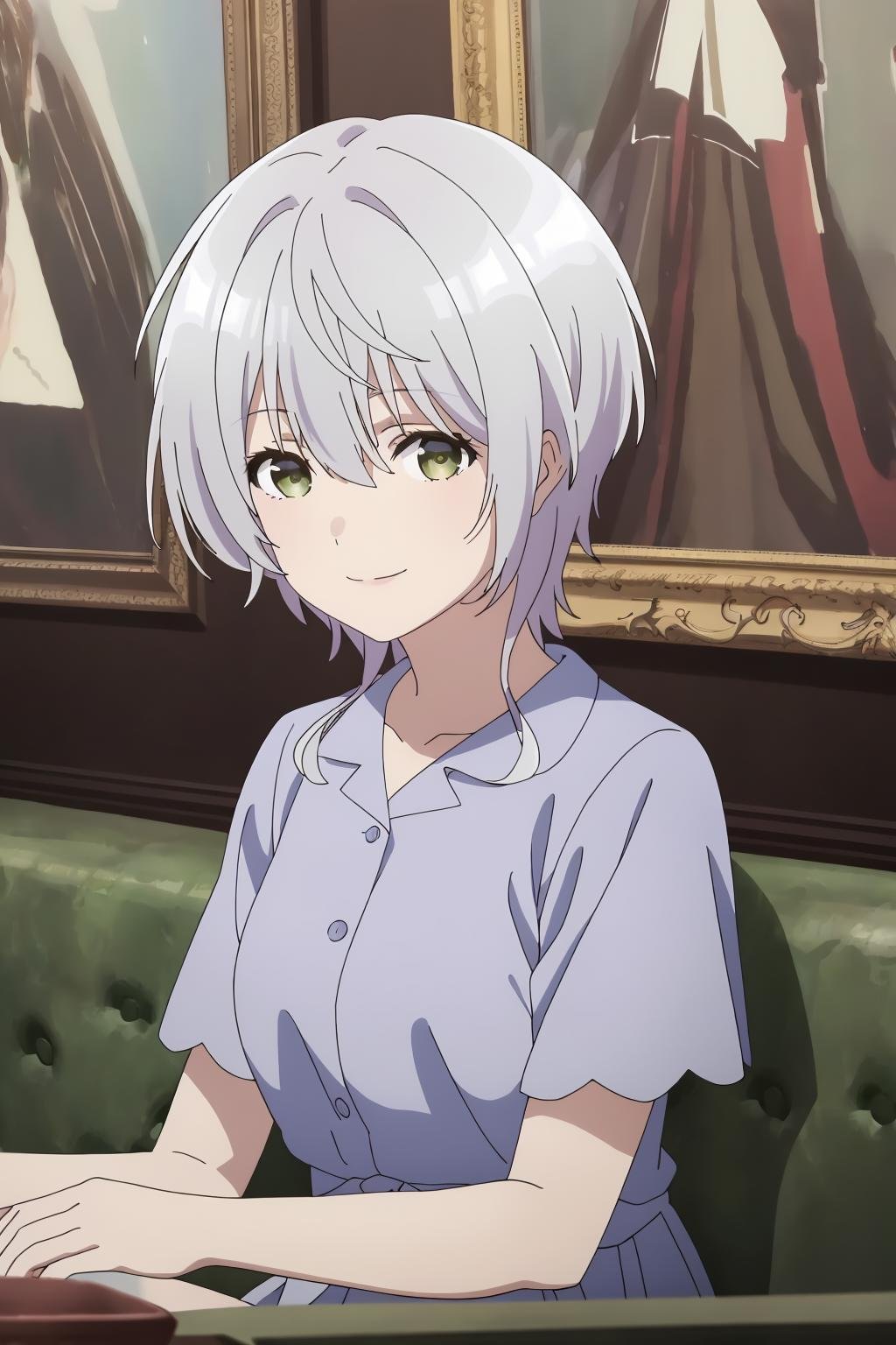 ((best quality)),((highly detailed)),masterpiece,absurdres,detailed face,beautiful face,(detailed eyes, deep eyes),1girl,((dynamic pose)) ,   <lora:FuukaV1:0.7>, Fuuka, short hair, smile, dress, looking at viewer, grey hair, cup, solo, short sleeves, sitting, indoors, green eyes, hair between eyes, bangs, collarbone, table, shirt, closed mouth, blue shirt, couch, painting (object), solo focus, buttons, upper body, shiny hair, picture (object)