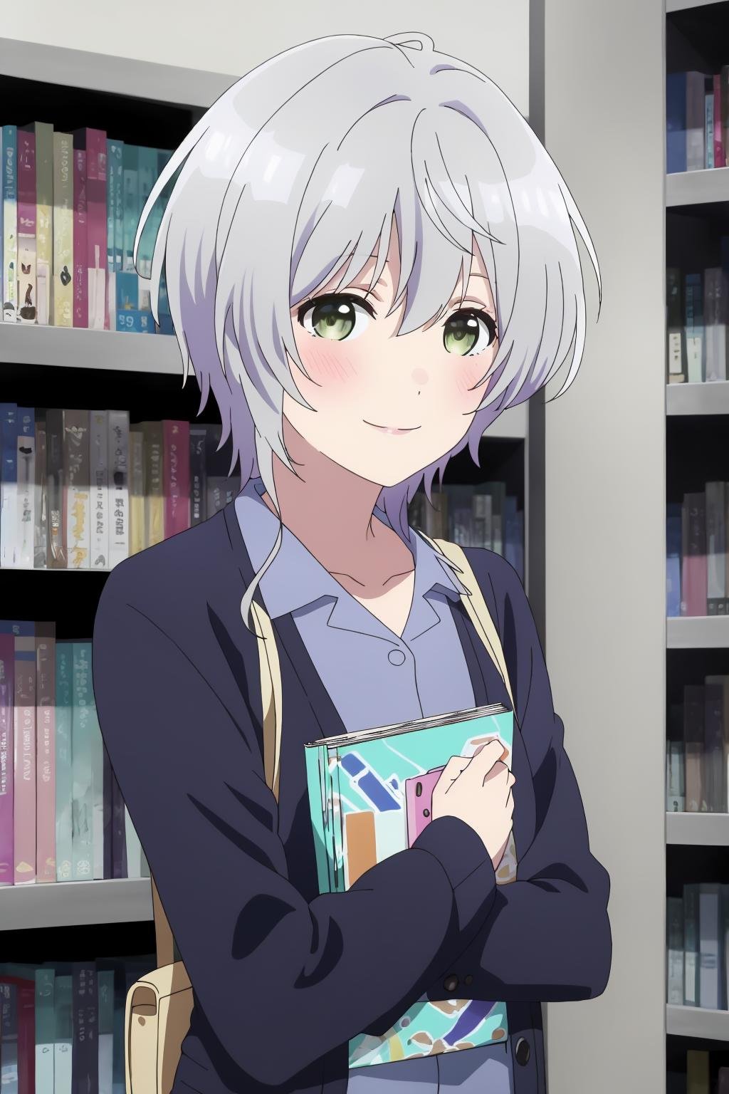 ((best quality)),((highly detailed)),masterpiece,absurdres,detailed face,beautiful face,(detailed eyes, deep eyes),1girl,((dynamic pose)) ,   <lora:FuukaV1:0.7>, Fuuka, solo, green eyes, shirt, book, smile, holding, bag, short hair, indoors, upper body, grey hair, collared shirt, jacket, bookshelf, closed mouth, holding book, blue shirt, long sleeves, bangs, hair between eyes, buttons, open clothes, collarbone, ahoge, blue jacket, cardigan, library, handbag, blush, light smile, black jacket