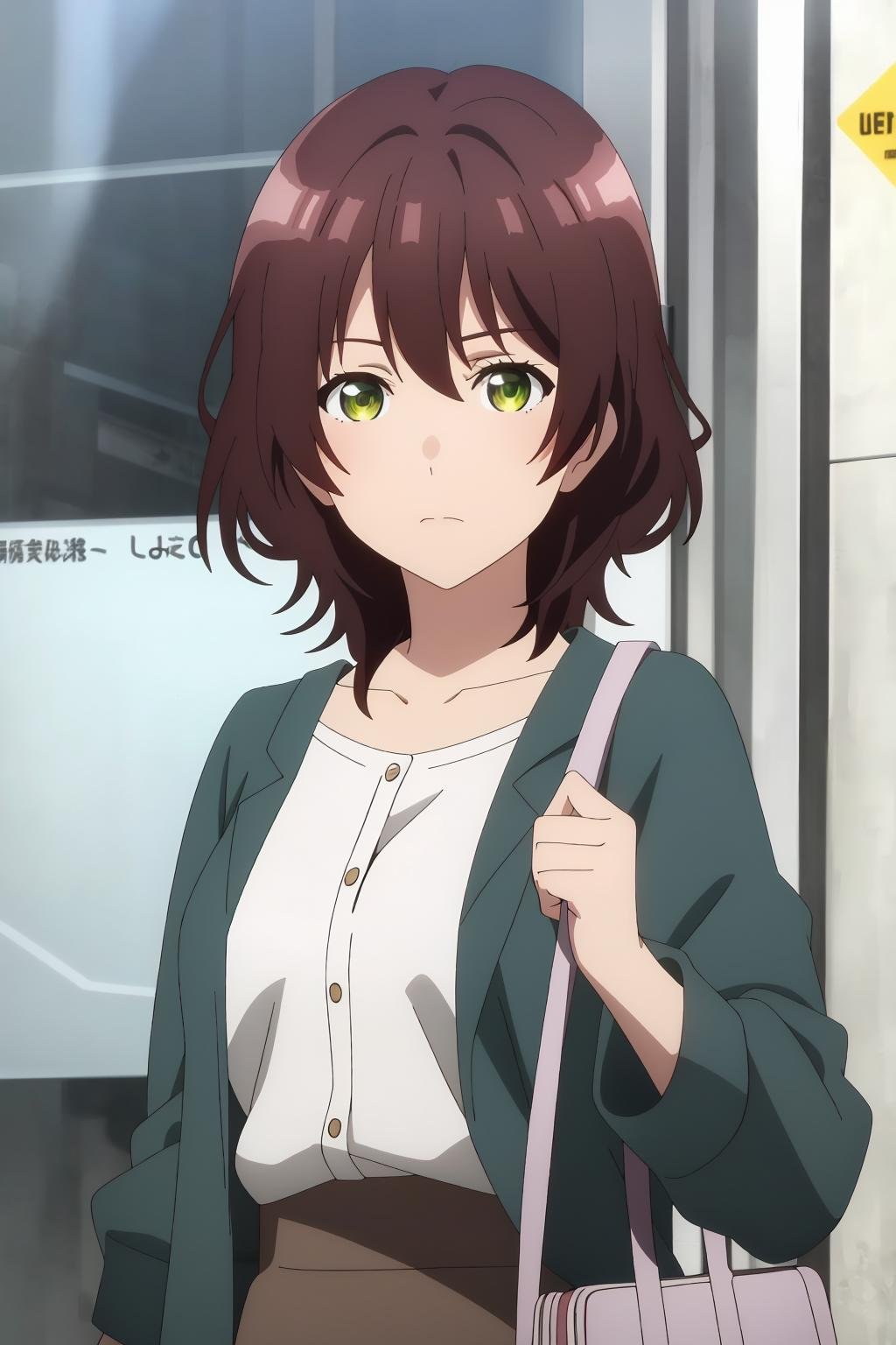 ((best quality)),((highly detailed)),masterpiece,absurdres,detailed face,beautiful face,(detailed eyes, deep eyes),1girl,((dynamic pose)) ,  <lora:AoiV1:0.8>, Aoi, green eyes, bag, solo, holding, short hair, brown hair, shirt, jacket, blue jacket, handbag, skirt, bangs, shoulder bag, hair between eyes, closed mouth, upper body, white shirt, frown, long sleeves, looking at viewer, open clothes, standing, hand up, sleeves rolled up, brown skirt, open jacket<lora:animemix_v3_offset:0.8>