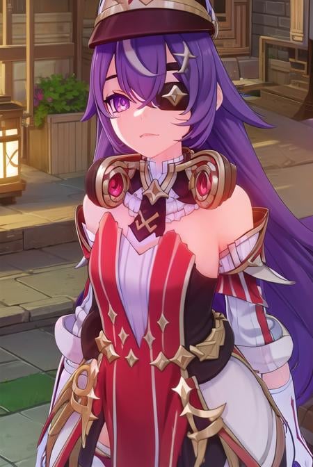 chevreuse, <lora:genshin chevreuse ingame-lora-nochekaiser:1>,chevreuse, long hair, bangs, hair between eyes, (purple eyes:1.1), purple hair, (eyepatch:1.5),BREAK gloves, hat, dress, bare shoulders, detached sleeves,BREAK outdoors,BREAK looking at viewer, (cowboy shot:1.5),BREAK <lyco:GoodHands-beta2:1>, (masterpiece:1.2), best quality, high resolution, unity 8k wallpaper, (illustration:0.8), (beautiful detailed eyes:1.6), extremely detailed face, perfect lighting, extremely detailed CG, (perfect hands, perfect anatomy),