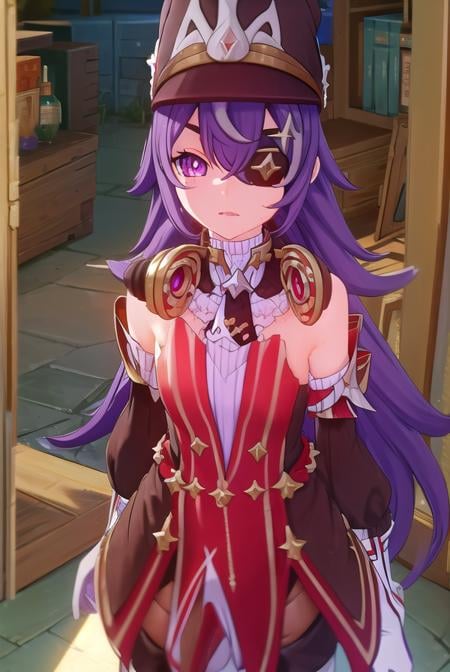 chevreuse, <lora:genshin chevreuse ingame-lora-nochekaiser:1>,chevreuse, long hair, bangs, hair between eyes, (purple eyes:1.1), purple hair, (eyepatch:1.5),BREAK gloves, hat, dress, bare shoulders, detached sleeves,BREAK outdoors,BREAK looking at viewer, (cowboy shot:1.5),BREAK <lyco:GoodHands-beta2:1>, (masterpiece:1.2), best quality, high resolution, unity 8k wallpaper, (illustration:0.8), (beautiful detailed eyes:1.6), extremely detailed face, perfect lighting, extremely detailed CG, (perfect hands, perfect anatomy),