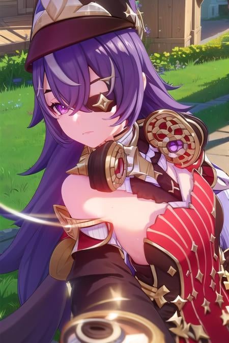 chevreuse, <lora:genshin chevreuse ingame-lora-nochekaiser:1>,chevreuse, long hair, bangs, hair between eyes, (purple eyes:1.1), purple hair, (eyepatch:1.5),BREAK gloves, hat, dress, bare shoulders, detached sleeves,BREAK outdoors,BREAK looking at viewer, (cowboy shot:1.5),BREAK <lyco:GoodHands-beta2:1>, (masterpiece:1.2), best quality, high resolution, unity 8k wallpaper, (illustration:0.8), (beautiful detailed eyes:1.6), extremely detailed face, perfect lighting, extremely detailed CG, (perfect hands, perfect anatomy),