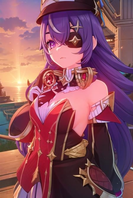 chevreuse, <lora:genshin chevreuse ingame-lora-nochekaiser:1>,chevreuse, long hair, bangs, hair between eyes, (purple eyes:1.1), purple hair, (eyepatch:1.5),BREAK gloves, hat, dress, bare shoulders, detached sleeves,BREAK outdoors,BREAK looking at viewer, (cowboy shot:1.5),BREAK <lyco:GoodHands-beta2:1>, (masterpiece:1.2), best quality, high resolution, unity 8k wallpaper, (illustration:0.8), (beautiful detailed eyes:1.6), extremely detailed face, perfect lighting, extremely detailed CG, (perfect hands, perfect anatomy),