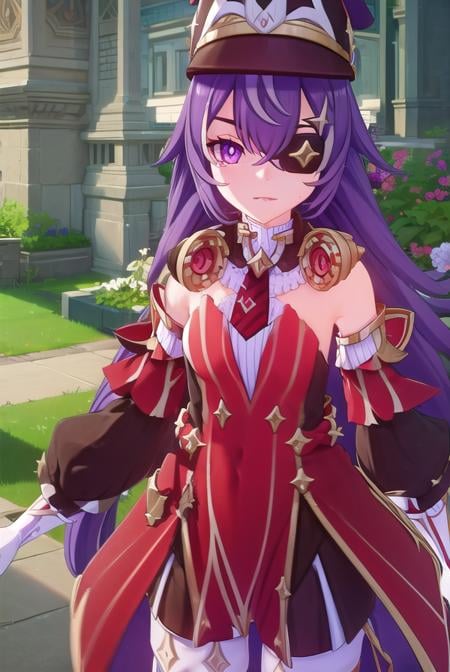 chevreuse, <lora:genshin chevreuse ingame-lora-nochekaiser:1>,chevreuse, long hair, bangs, hair between eyes, (purple eyes:1.1), purple hair, (eyepatch:1.5),BREAK gloves, hat, dress, bare shoulders, detached sleeves,BREAK outdoors,BREAK looking at viewer, (cowboy shot:1.5),BREAK <lyco:GoodHands-beta2:1>, (masterpiece:1.2), best quality, high resolution, unity 8k wallpaper, (illustration:0.8), (beautiful detailed eyes:1.6), extremely detailed face, perfect lighting, extremely detailed CG, (perfect hands, perfect anatomy),