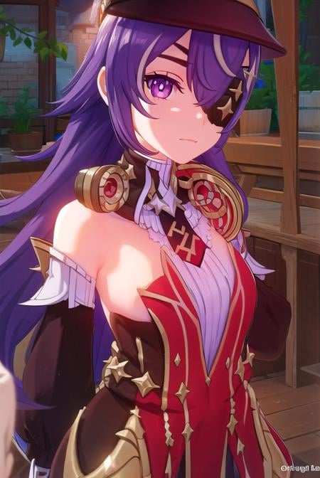 chevreuse, <lora:genshin chevreuse ingame-lora-nochekaiser:1>,chevreuse, long hair, bangs, hair between eyes, (purple eyes:1.1), purple hair, (eyepatch:1.5),BREAK gloves, hat, dress, bare shoulders, detached sleeves,BREAK outdoors,BREAK looking at viewer, (cowboy shot:1.5),BREAK <lyco:GoodHands-beta2:1>, (masterpiece:1.2), best quality, high resolution, unity 8k wallpaper, (illustration:0.8), (beautiful detailed eyes:1.6), extremely detailed face, perfect lighting, extremely detailed CG, (perfect hands, perfect anatomy),