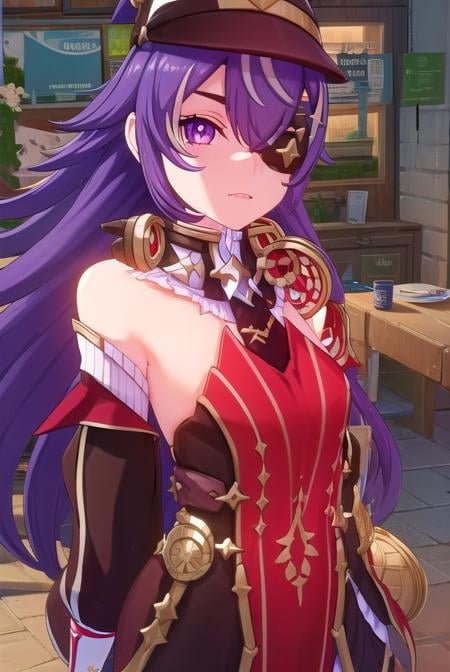 chevreuse, <lora:genshin chevreuse ingame-lora-nochekaiser:1>,chevreuse, long hair, bangs, hair between eyes, (purple eyes:1.1), purple hair, (eyepatch:1.5),BREAK gloves, hat, dress, bare shoulders, detached sleeves,BREAK outdoors,BREAK looking at viewer, (cowboy shot:1.5),BREAK <lyco:GoodHands-beta2:1>, (masterpiece:1.2), best quality, high resolution, unity 8k wallpaper, (illustration:0.8), (beautiful detailed eyes:1.6), extremely detailed face, perfect lighting, extremely detailed CG, (perfect hands, perfect anatomy),