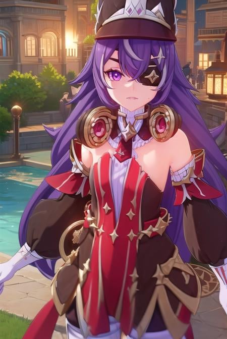 chevreuse, <lora:genshin chevreuse ingame-lora-nochekaiser:1>,chevreuse, long hair, bangs, hair between eyes, (purple eyes:1.1), purple hair, (eyepatch:1.5),BREAK gloves, hat, dress, bare shoulders, detached sleeves,BREAK outdoors,BREAK looking at viewer, (cowboy shot:1.5),BREAK <lyco:GoodHands-beta2:1>, (masterpiece:1.2), best quality, high resolution, unity 8k wallpaper, (illustration:0.8), (beautiful detailed eyes:1.6), extremely detailed face, perfect lighting, extremely detailed CG, (perfect hands, perfect anatomy),