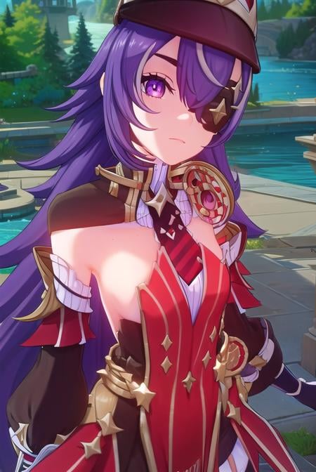 chevreuse, <lora:genshin chevreuse ingame-lora-nochekaiser:1>,chevreuse, long hair, bangs, hair between eyes, (purple eyes:1.1), purple hair, (eyepatch:1.5),BREAK gloves, hat, dress, bare shoulders, detached sleeves,BREAK outdoors,BREAK looking at viewer, (cowboy shot:1.5),BREAK <lyco:GoodHands-beta2:1>, (masterpiece:1.2), best quality, high resolution, unity 8k wallpaper, (illustration:0.8), (beautiful detailed eyes:1.6), extremely detailed face, perfect lighting, extremely detailed CG, (perfect hands, perfect anatomy),