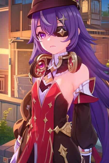 chevreuse, <lora:genshin chevreuse ingame-lora-nochekaiser:1>,chevreuse, long hair, bangs, hair between eyes, (purple eyes:1.1), purple hair, (eyepatch:1.5),BREAK gloves, hat, dress, bare shoulders, detached sleeves,BREAK outdoors,BREAK looking at viewer, (cowboy shot:1.5),BREAK <lyco:GoodHands-beta2:1>, (masterpiece:1.2), best quality, high resolution, unity 8k wallpaper, (illustration:0.8), (beautiful detailed eyes:1.6), extremely detailed face, perfect lighting, extremely detailed CG, (perfect hands, perfect anatomy),