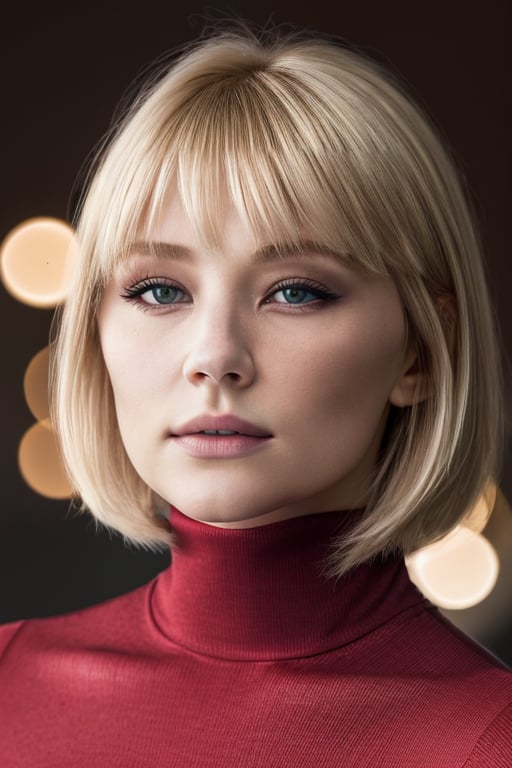 woman, delicate traits, Sharp Focus, (wo_haleyben01), (close-up:0.1), low key lighting, shot on Lumix GH5, cinematic bokeh, red tight turtleneck shirt, blonde, long hair with bangs, (simple background:1.2), sharp cheekbones, teasing, detailed skin, Detailedface, solo
