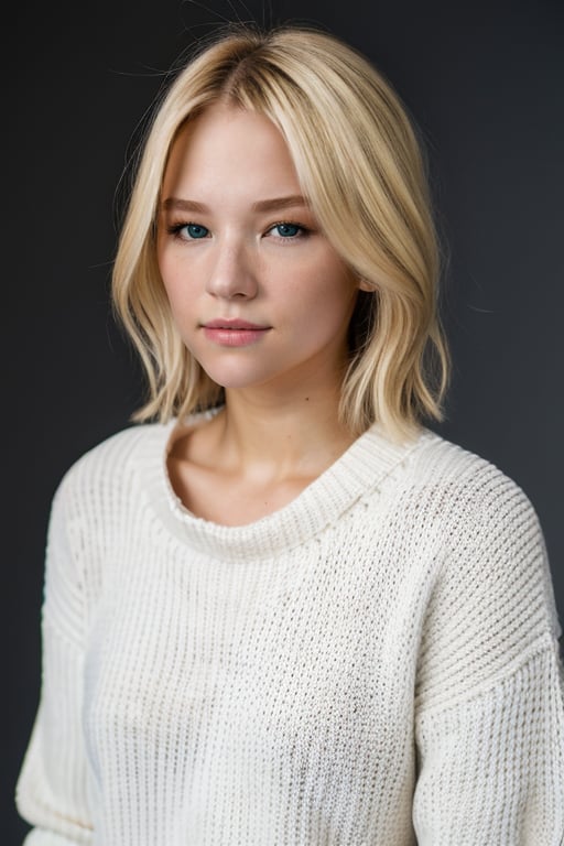 RAW photo, half-body portrait of wo_haleyben01, blonde, wearing a white sweater, simple background, 8k uhd, dslr, high quality