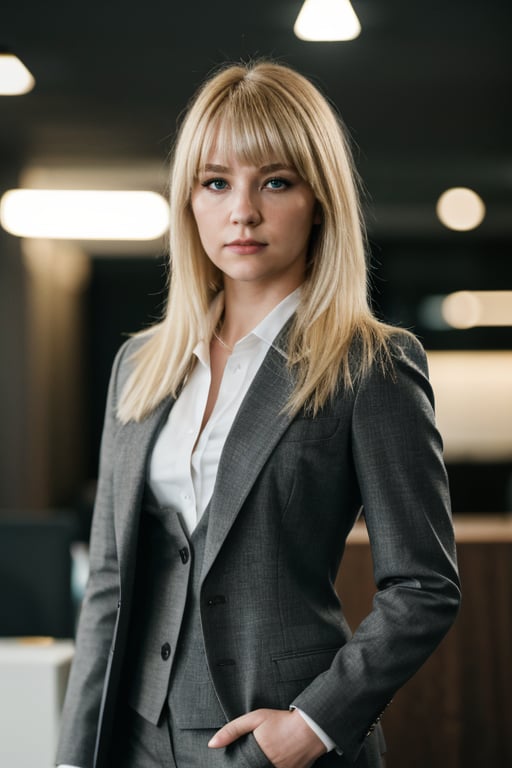 full body, delicate traits, Sharp Focus, (wo_haleyben01), low key lighting, shot on Lumix GH5, cinematic bokeh, black office suit, blonde, long hair with messy bangs, (simple background:1.2), 8k, dslr
