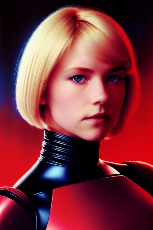 upper body portrait of wo_haleyben01,  skin details,  light blonde hair,  wearing a black and red sci-fi outfit,  black to blue radial gradient background,  style of Bob Eggleton,  masterpiece