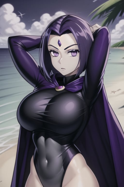 ravenlora, grey skin, cape, black leotard, highleg leotard, forehead jewel, short hair, purple hair, large breasts, long sleeves, beach, hands behind head, arms up, day