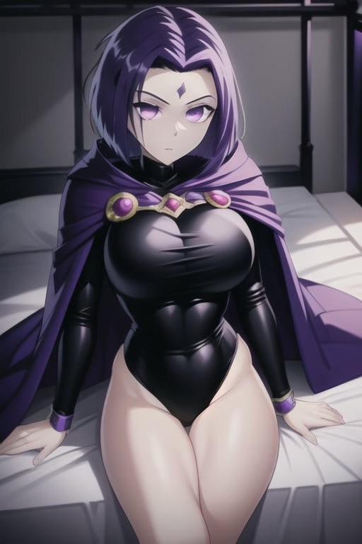 ravenlora, grey skin, cape, sitting, bed, black leotard, highleg leotard, forehead jewel, short hair, purple hair, large breasts, long sleeves