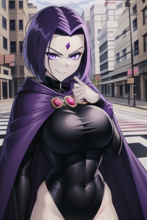 ravenlora, grey skin, cape, black leotard, highleg leotard, forehead jewel, short hair, purple hair, large breasts, long sleeves, street, road, crosswalk, traffic light, smirking, seductive pose, day