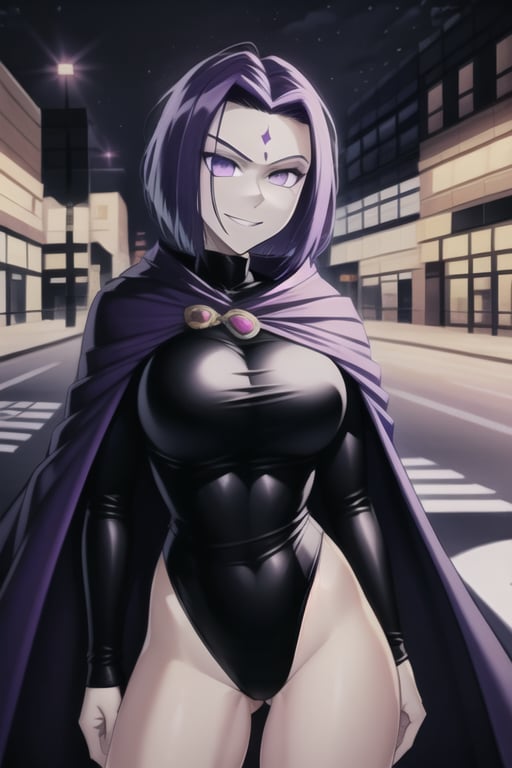 ravenlora, grey skin, cape, black leotard, highleg leotard, forehead jewel, short hair, purple hair, large breasts, long sleeves, street, road, crosswalk, traffic light, smirking