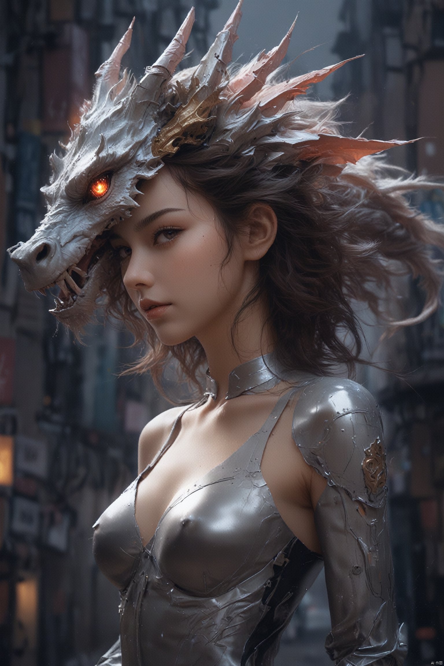  {{master piece}},best quality,illustration,1girl,small breast,beatiful detailed eyes,beatiful detailed cyberpunk city,flat_chest,beatiful detailed hair,wavy hair,beatiful detailed steet,mecha clothes,robot girl,cool movement,sliver bodysuit,{filigree},dargon wings,colorful background,a dragon  stands behind the girl,rainy days,{lightning effect},beatiful detailed sliver dragon arnour,（cold face）