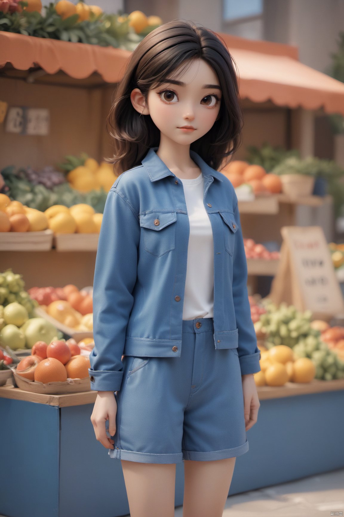  a woman standing in front of a fruit stand, a picture, inspired by Kim Jeong-hui, tumblr, realism, denim jacket, 8 k , cute pose, smooth in _ the background, cute sportswear, girl next door innocent look