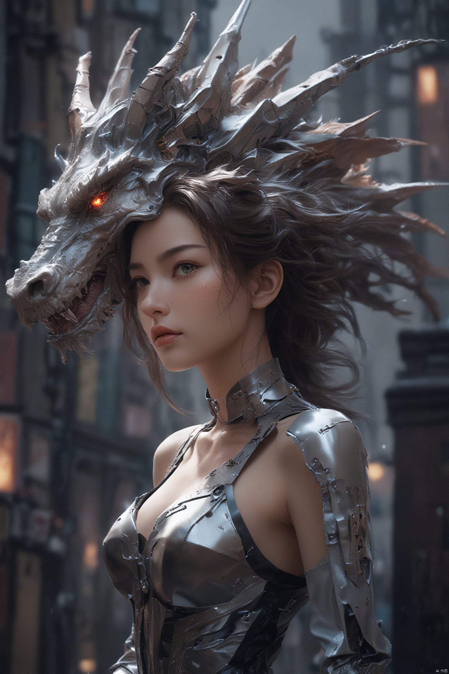  {{master piece}},best quality,illustration,1girl,small breast,beatiful detailed eyes,beatiful detailed cyberpunk city,flat_chest,beatiful detailed hair,wavy hair,beatiful detailed steet,mecha clothes,robot girl,cool movement,sliver bodysuit,{filigree},dargon wings,colorful background,a dragon  stands behind the girl,rainy days,{lightning effect},beatiful detailed sliver dragon arnour,（cold face）