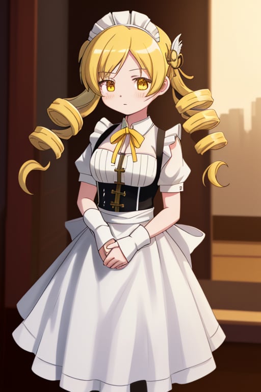 best quality, masterpiece, highres, solo, maid, long maid dress, blonde_hair, drill_hair, twin_drills, twintails, hair_ornament, yellow_eyes, magical_girl