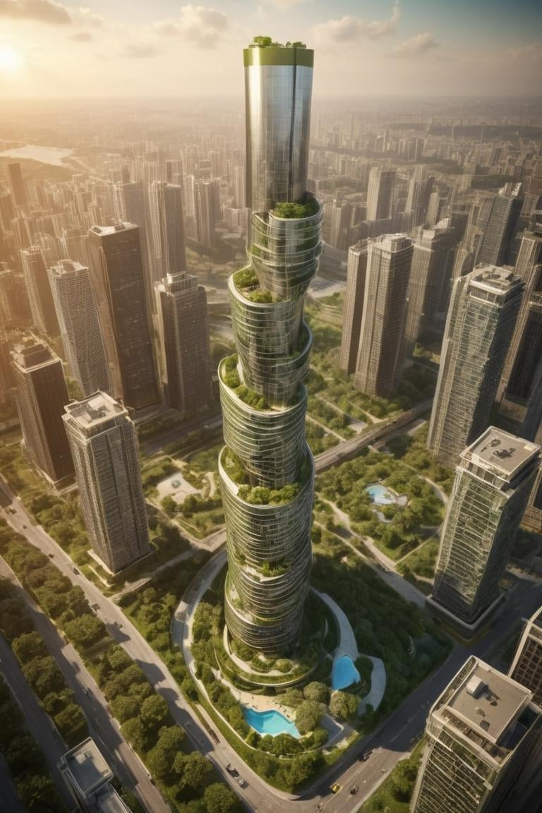 (a modern design skyscraper,  with a large tower and a pool in the middle of it,  surrounded by tall buildings,  futuristic:1.4),  (Curved highways and viaducts,  streamlined building shapes,  glass curtains,  vertical elevators:1.3),  (building greening:0.8),  (large file,  super realistic,  perfect,  photograpy,  construction sales photograpy,  Interior design,  super high resolution,  cinematic photography:1.2),  (amazing,  mystery,  Spectacular,  Luxurious,  elegance,  perfect design,  harmonious color:1.1),  [:(Door details,  Window details,  Railing details,  Staircase details,  Furniture details,  Appliance details,  Vehicle details,  Leaf details,  Stone texture,  Wood texture,  Marble texture,  Cement texture,  metal texture,  glass texture:0.4):0.85],  (blurred background:1.4),  [(background,  more_details:0.3),  (more_details:0.6),  (more_details:0.8),  (more_details:1.2):0.65],  aw0k illuminate,  vertical,<lora:EMS-294659-EMS:1.100000>,<lora:EMS-61413-EMS:0.300000>,<lora:EMS-274228-EMS:0.300000>