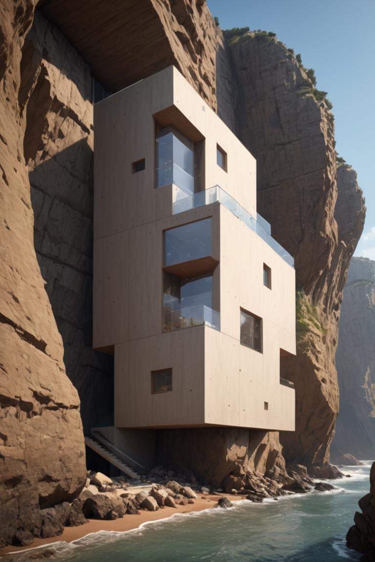 (Modern style architecture,  Art galleries and public buildings on a rocky coast,  half embedded in the cliff:1.3),  (avant-garde,  future,  reality,  science fiction,  photorealistic),  (modern architecture:1.2),  (Large Files,  Ultra Realistic,  8K,  16k,  FHD,  HD,  VFX,  Perfect,  Photography,  composition,  Architecture Sales Photography,  Architecture Competition,  Ultra High Resolution,  Cinematography,  High Resolution Image:1.1),  (dramatic lighting,  direct sunlight,  ray tracing,  clear shadow:1.2),  (real landscape:1.1),  (blurred background:1.0),  (urban background,  more_details) , vertical, stacked, void,<lora:EMS-61413-EMS:0.300000>,<lora:EMS-274228-EMS:0.300000>,<lora:EMS-297692-EMS:1.200000>