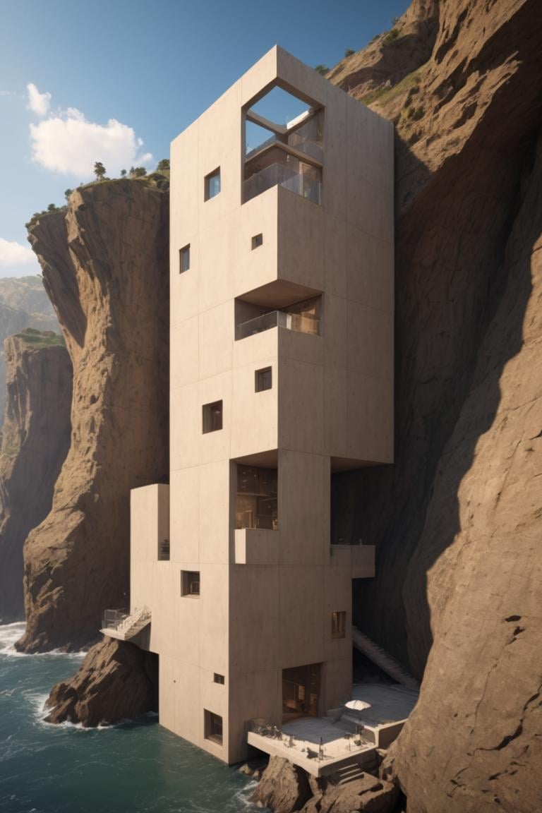 (Modern style architecture,  Art galleries and public buildings on a rocky coast,  half embedded in the cliff:1.3),  (avant-garde,  future,  reality,  science fiction,  photorealistic),  (modern architecture:1.2),  (Large Files,  Ultra Realistic,  8K,  16k,  FHD,  HD,  VFX,  Perfect,  Photography,  composition,  Architecture Sales Photography,  Architecture Competition,  Ultra High Resolution,  Cinematography,  High Resolution Image:1.1),  (dramatic lighting,  direct sunlight,  ray tracing,  clear shadow:1.2),  (real landscape:1.1),  (blurred background:1.0),  (urban background,  more_details) , vertical, stacked, void,<lora:EMS-61413-EMS:0.300000>,<lora:EMS-274228-EMS:0.300000>,<lora:EMS-297692-EMS:1.200000>