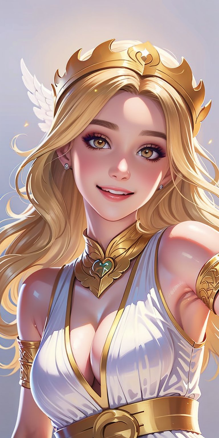 1girl, ((blank background)), vibrant colors, ((head and shoulders portrait)), long_hair, pale, bangs, large breasts, angel, greek goddess, greek_clothes, sleeveless, bare_shoulders, white_mini_dress, cleavage, armlet, yellow_eyes, blonde_hair, long_hair, laurel_crown, jewelry, ^ ^, 