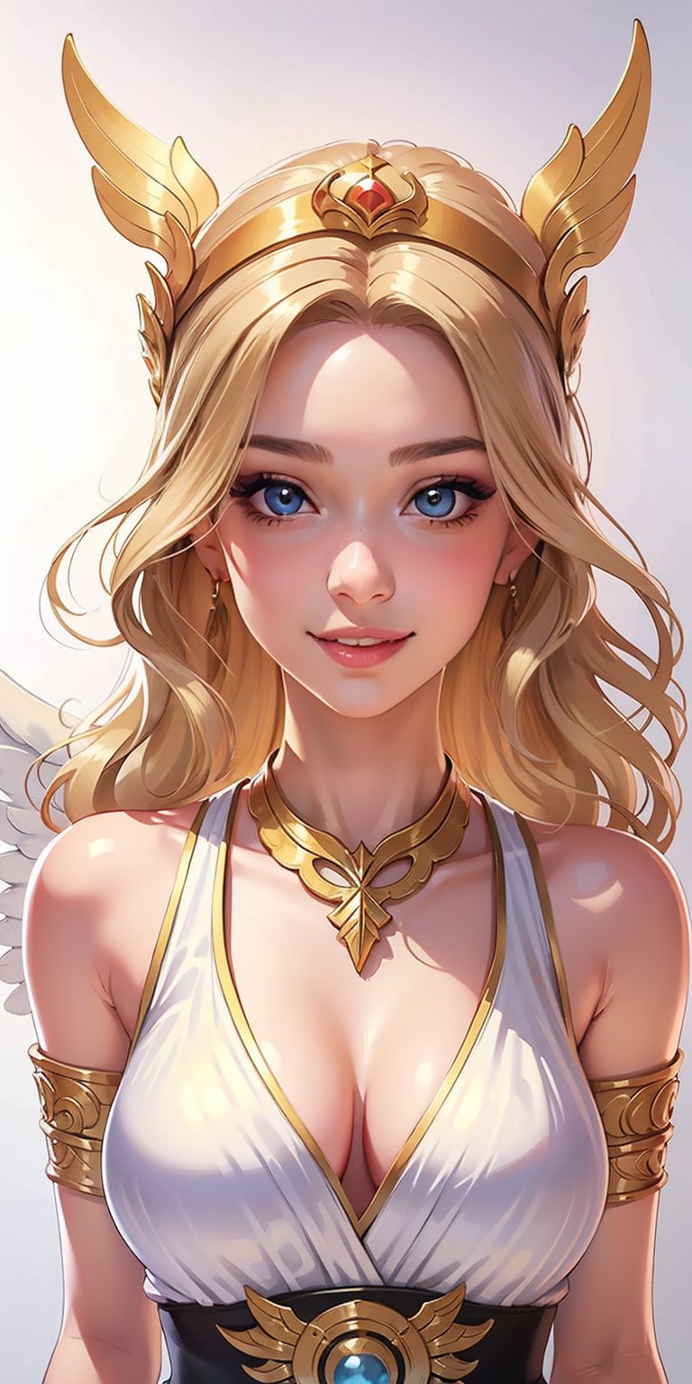 1girl, ((blank background)), vibrant colors, ((head and shoulders portrait)), long_hair, pale, bangs, large breasts, angel, greek goddess, greek_clothes, sleeveless, bare_shoulders, mini_dress, cleavage, armlet, anklet, barefoot, gladiator_sandals, yellow_eyes, blonde_hair, long_hair, laurel_crown, jewelry, wings, angel_wings, feather_wing