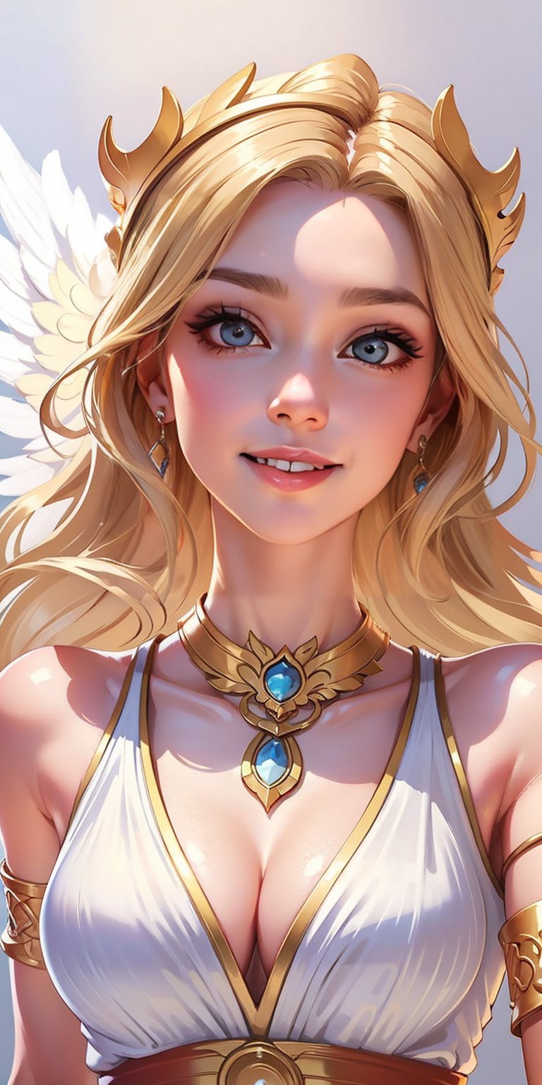 1girl, ((blank background)), vibrant colors, ((head and shoulders portrait)), long_hair, pale, bangs, large breasts, angel, greek goddess, greek_clothes, sleeveless, bare_shoulders, mini_dress, cleavage, armlet, anklet, barefoot, gladiator_sandals, yellow_eyes, blonde_hair, long_hair, laurel_crown, jewelry, wings, angel_wings, feather_wing