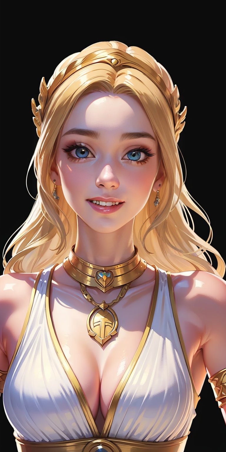 1girl, ((blank background)), vibrant colors, ((head and shoulders portrait)), long_hair, pale, bangs, large breasts, angel, greek goddess, greek_clothes, sleeveless, bare_shoulders, mini_dress, cleavage, armlet, anklet, barefoot, gladiator_sandals, yellow_eyes, blonde_hair, long_hair, laurel_crown, jewelry, wings, angel_wings, feather_wing