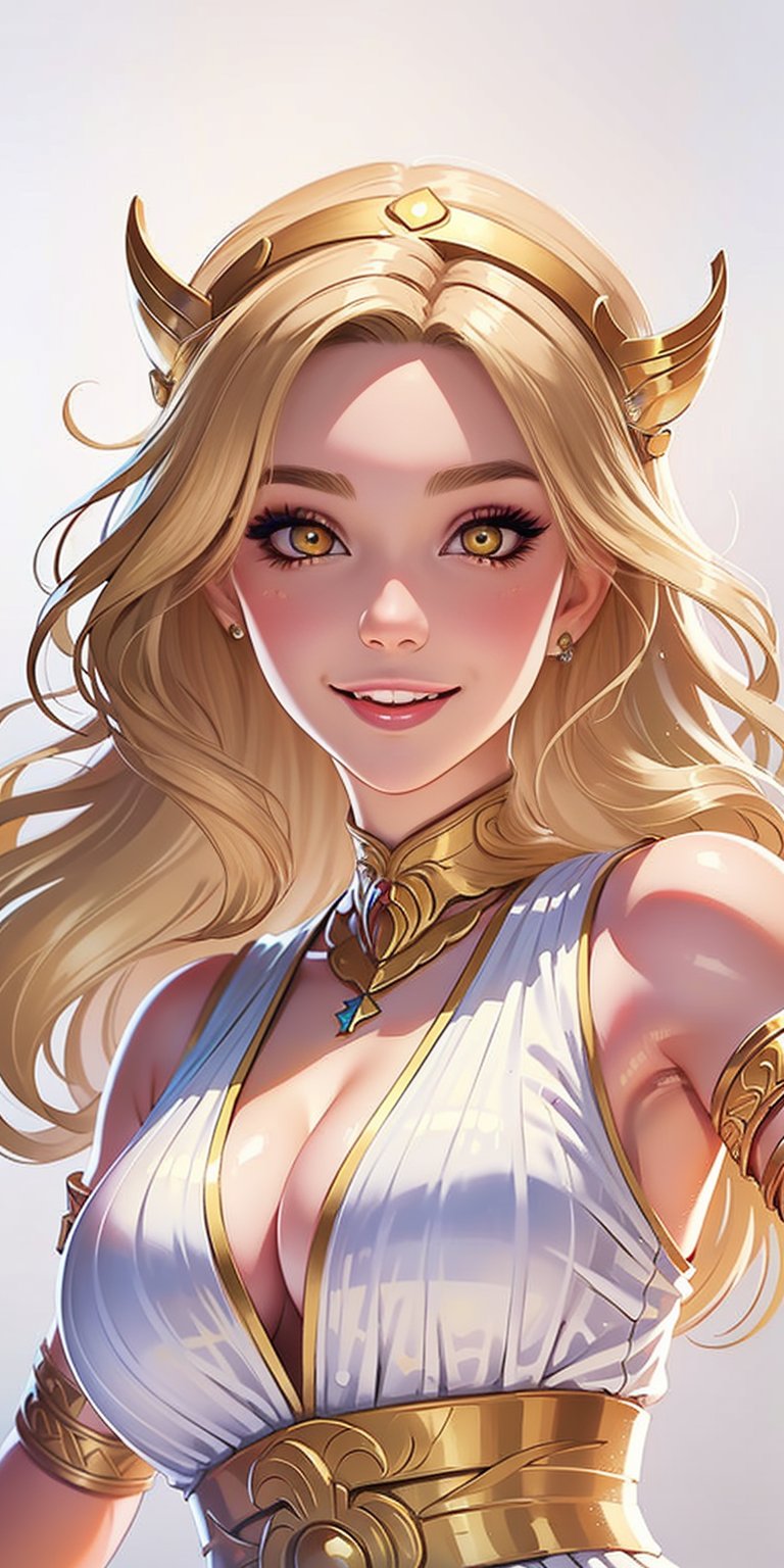 1girl, ((blank background)), vibrant colors, ((head and shoulders portrait)), long_hair, pale, bangs, large breasts, angel, greek goddess, greek_clothes, sleeveless, bare_shoulders, white_mini_dress, cleavage, armlet, yellow_eyes, blonde_hair, long_hair, laurel_crown, jewelry, ^ ^, 