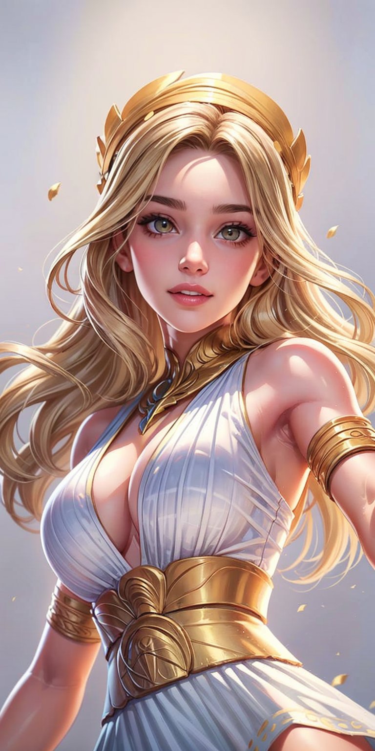 1girl, ((blank background)), vibrant colors, ((head and shoulders portrait)), long_hair, pale, bangs, large breasts, angel, greek goddess, greek_clothes, sleeveless, bare_shoulders, white_mini_dress, cleavage, armlet, yellow_eyes, blonde_hair, long_hair, laurel_crown, jewelry, ^ ^, 