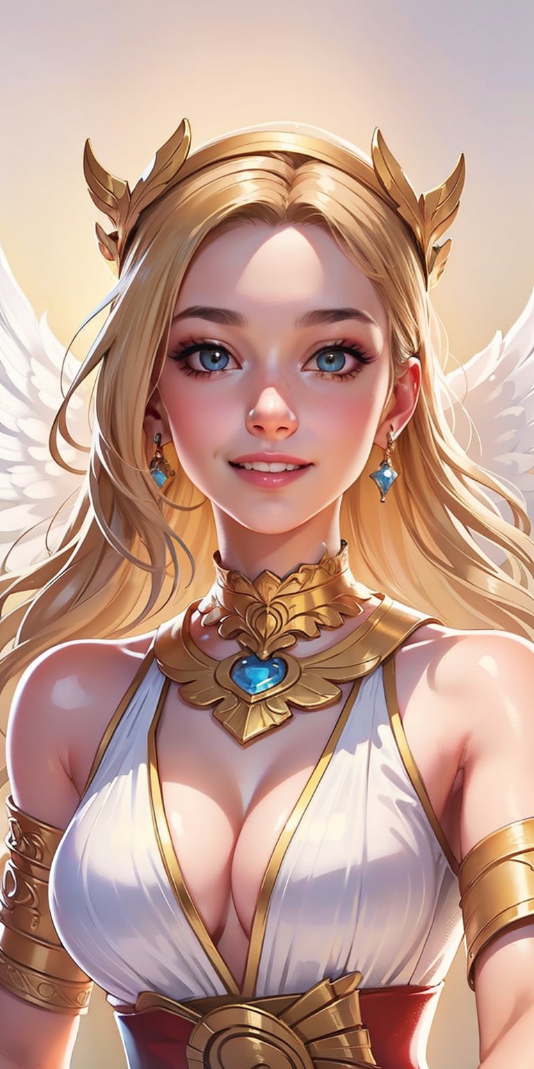 1girl, ((blank background)), vibrant colors, ((head and shoulders portrait)), long_hair, pale, bangs, large breasts, angel, greek goddess, greek_clothes, sleeveless, bare_shoulders, mini_dress, cleavage, armlet, anklet, barefoot, gladiator_sandals, yellow_eyes, blonde_hair, long_hair, laurel_crown, jewelry, wings, angel_wings, feather_wing