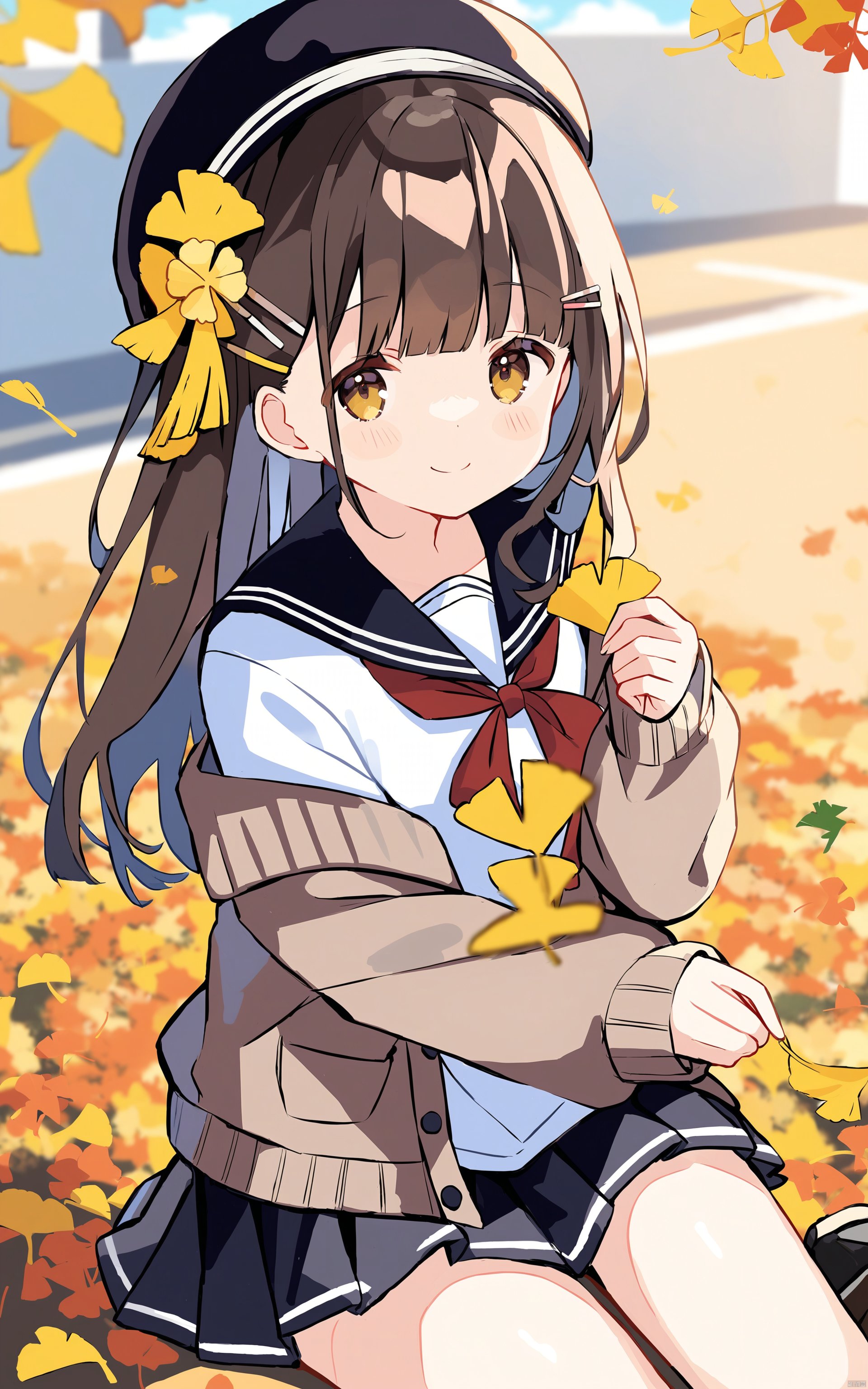  (masterpiece),(best quality) flat pencil, 1girl, ginkgo leaf, black sailor collar, sailor collar, solo, holding leaf, skirt, brown hair, leaf, beret, flower, white flower, holding, black headwear, white shirt, open clothes, brown eyes, cat, shirt, animal, serafuku, hair ornament, closed mouth, hairclip, sitting, hat, pleated skirt, school uniform, long sleeves, black skirt, blush, bow, neckerchief, autumn leaves, red neckerchief, hair flower, open cardigan, blurry, off shoulder, depth of field, bangs, plaid, sleeves past wrists, looking at viewer, cardigan, smile, long hair, yellow flower, outdoors, hat flower, brown cardigan