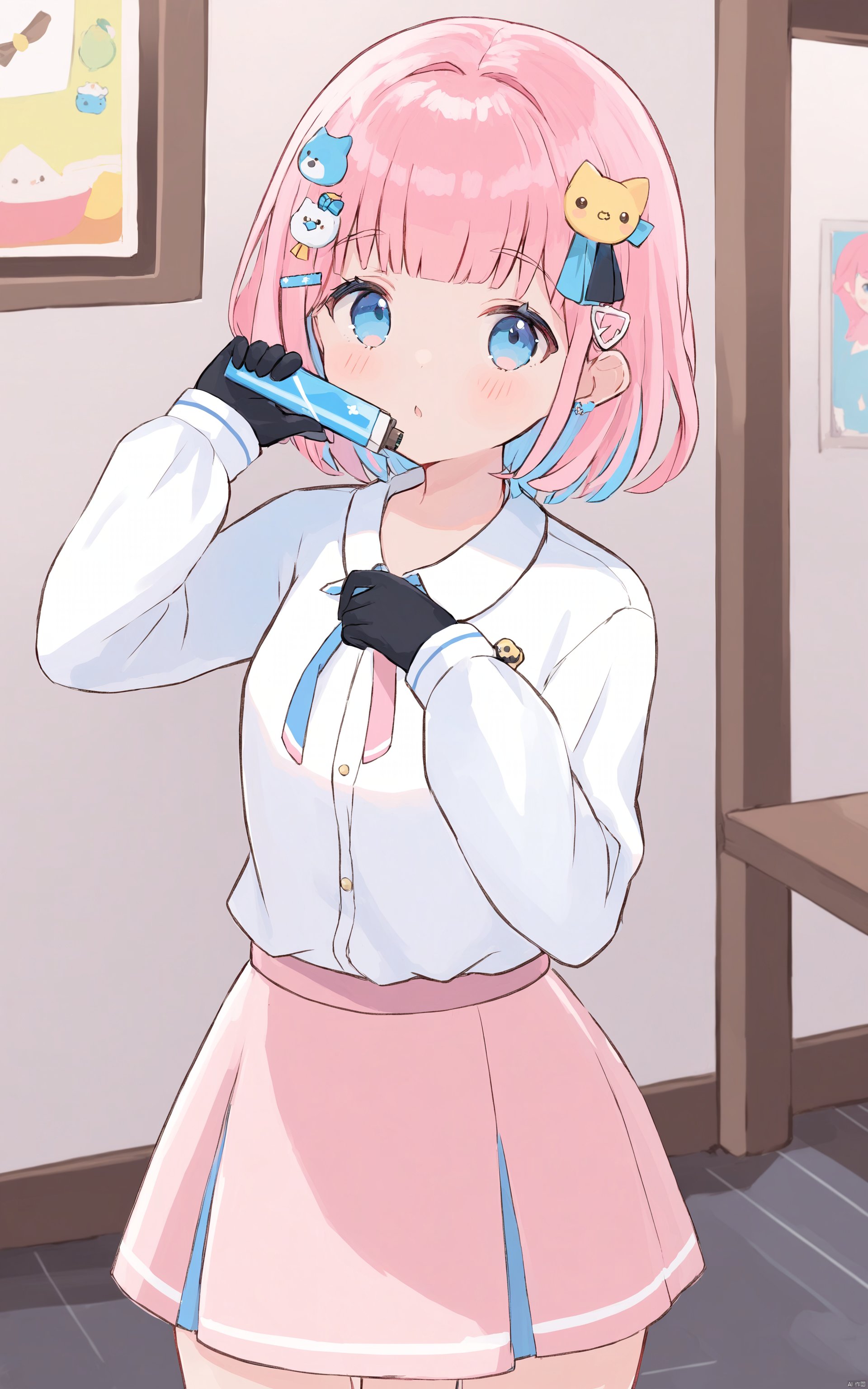  (masterpiece),(best quality) flat pencil, 1girl, solo, blue eyes, pink hair, skirt, looking at viewer, multicolored hair, hair ornament, holding, gloves, shirt, bangs, long sleeves, white shirt, virtual youtuber, blush