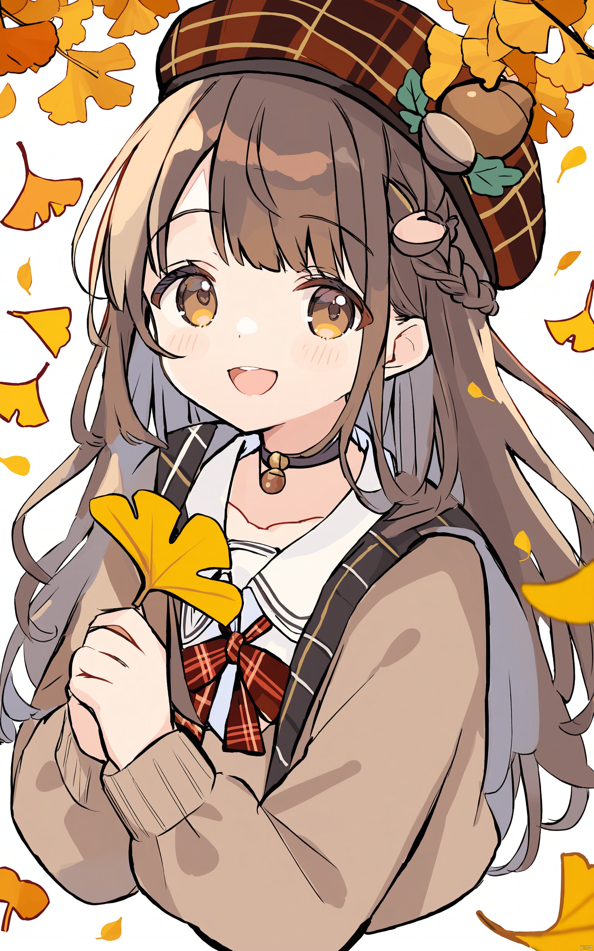  (masterpiece),(best quality) flat pencil, 1girl, acorn, solo, autumn leaves, smile, leaf, brown hair, holding, brown eyes, upper body, frills, looking at viewer, long sleeves, plaid, hat, beret, blush, :d, hair ornament, bangs, long hair, choker, ginkgo leaf, open mouth, shirt, antlers, braid, white background, plaid headwear, holding leaf