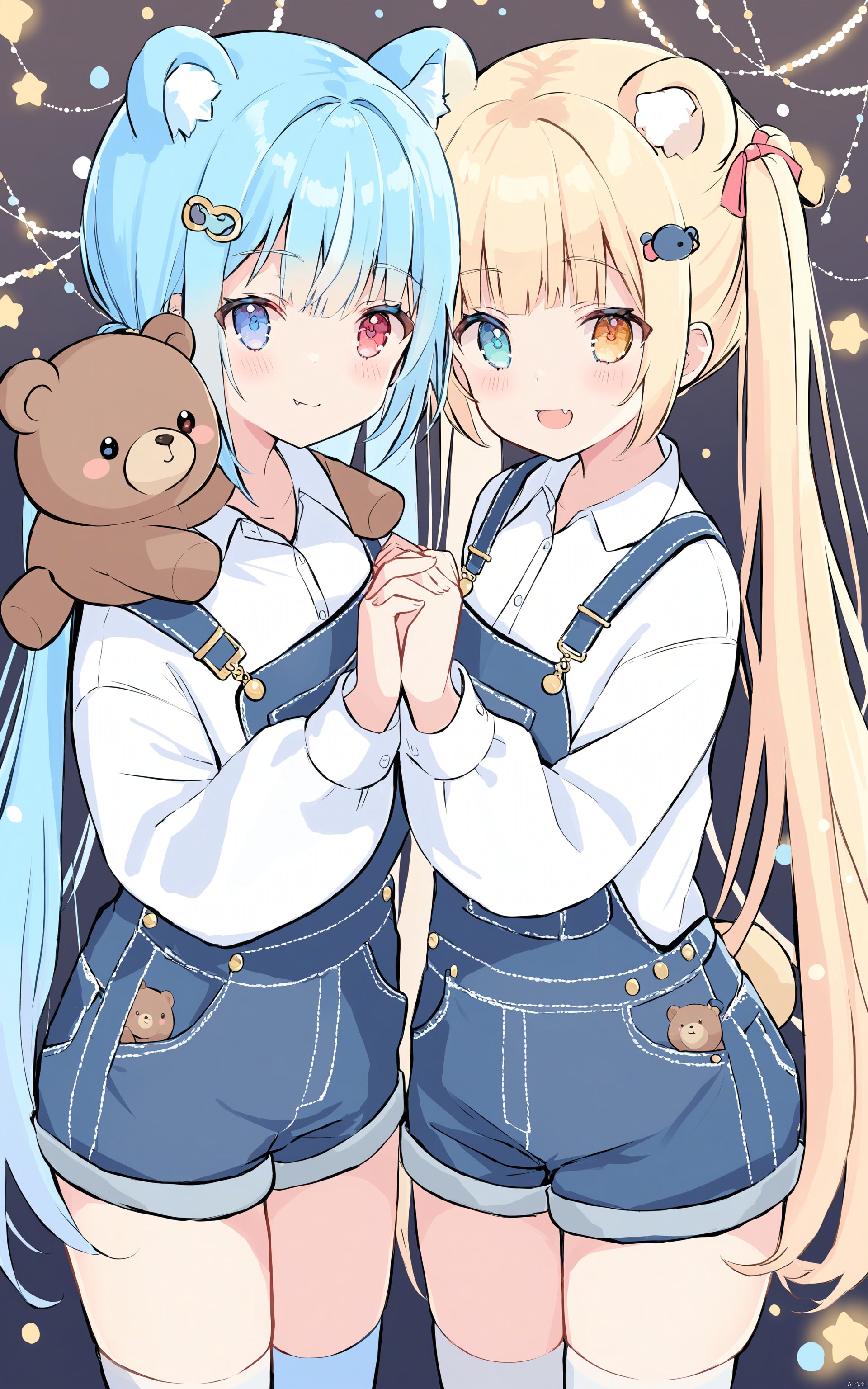  (masterpiece),(best quality) flat pencil, white shirt, 2girls, shirt, multiple girls, twintails, animal ears, stuffed animal, heterochromia, thighhighs, blue eyes, blonde hair, stuffed toy, teddy bear, smile, long hair, very long hair, animal ear fluff, blue hair, :d, hair ornament, overalls, blush, bear hair ornament, long sleeves, bangs, holding hands, fang, red eyes, closed mouth