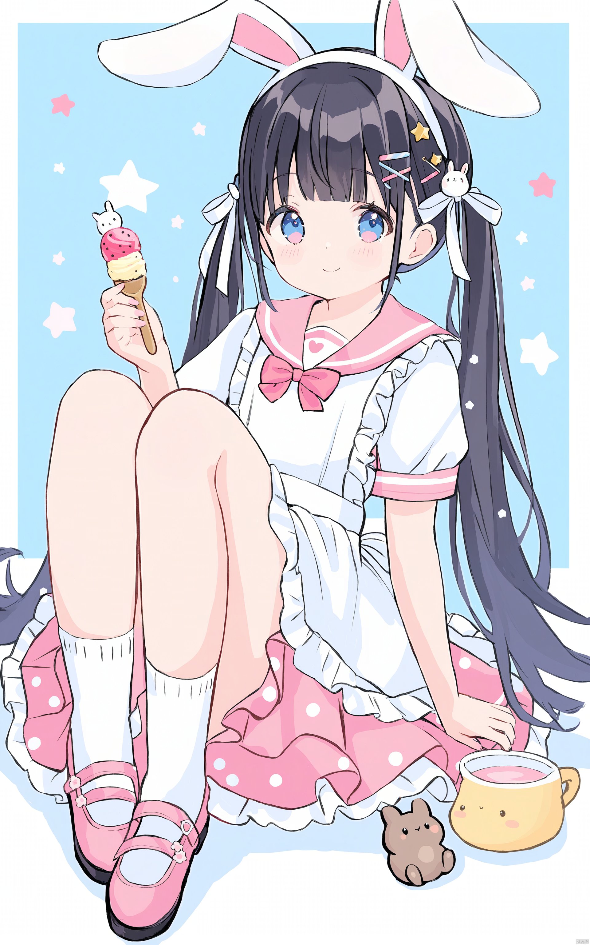  (masterpiece),(best quality) flat pencil, 1girl, solo, animal ears, spoon, closed mouth, holding, pink sailor collar, holding spoon, white apron, rabbit ears, frilled apron, short sleeves, sailor collar, twintails, long hair, blush, apron, shoe soles, socks, blue eyes, food, smile, white socks, shoes, ice cream, bangs, frills, cup, hairclip, shirt, white shirt, sitting, hair ornament, black hair, white background, pink footwear, star \(symbol\), pink skirt, tail, bow, polka dot, looking at viewer, blue background, skirt, holding food