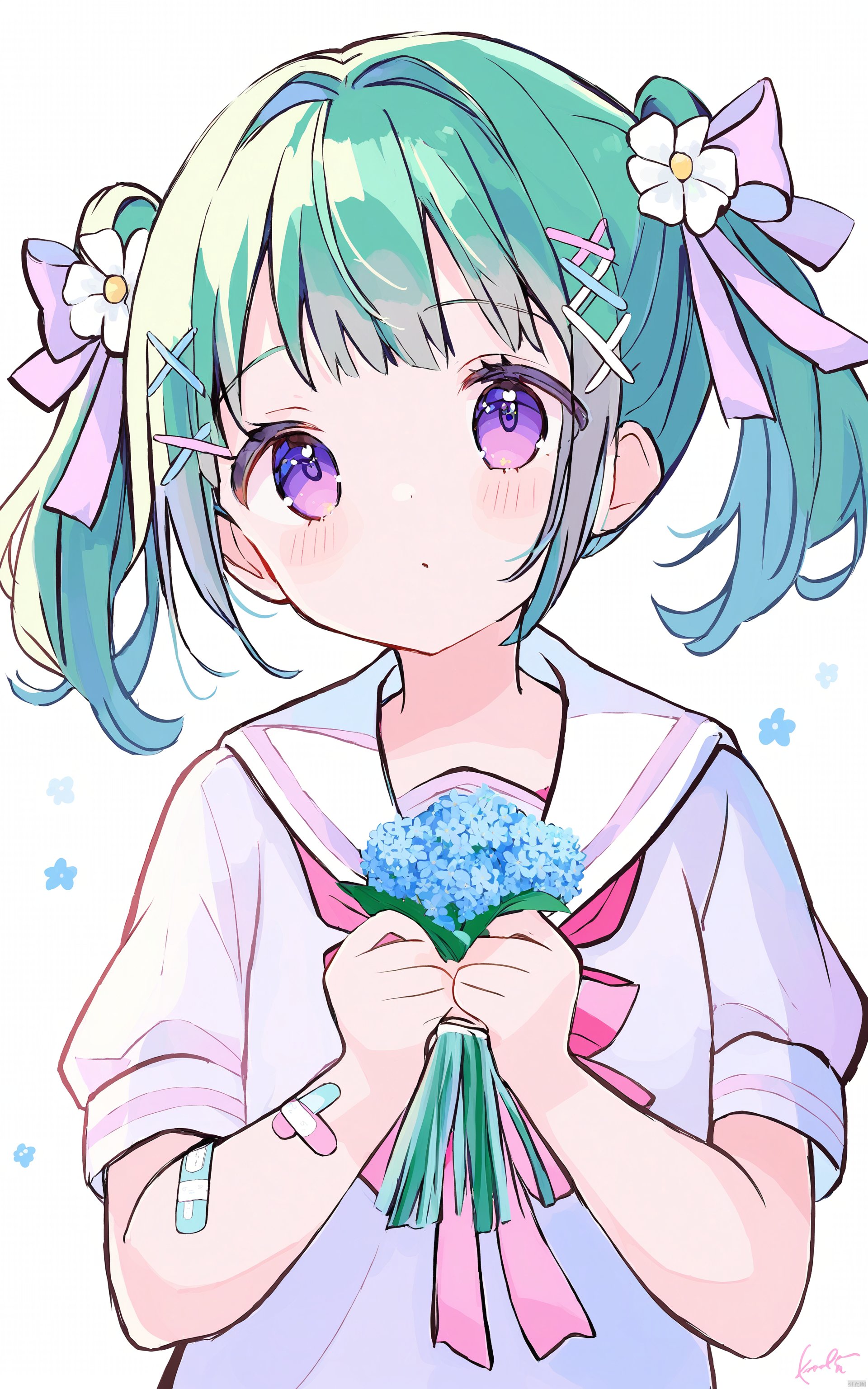  (masterpiece),(best quality) flat pencil, 1girl, solo, bow, white background, bandaid, hair bow, twintails, short sleeves, simple background, flower, upper body, sailor collar, holding, green hair, hair ornament, puffy sleeves, blush, puffy short sleeves, bangs, purple eyes, pink bow, white bow, pink shirt, bouquet, long hair, white sailor collar, looking at viewer, signature, closed mouth, shirt, white flower, blue hair, x hair ornament, blue flower