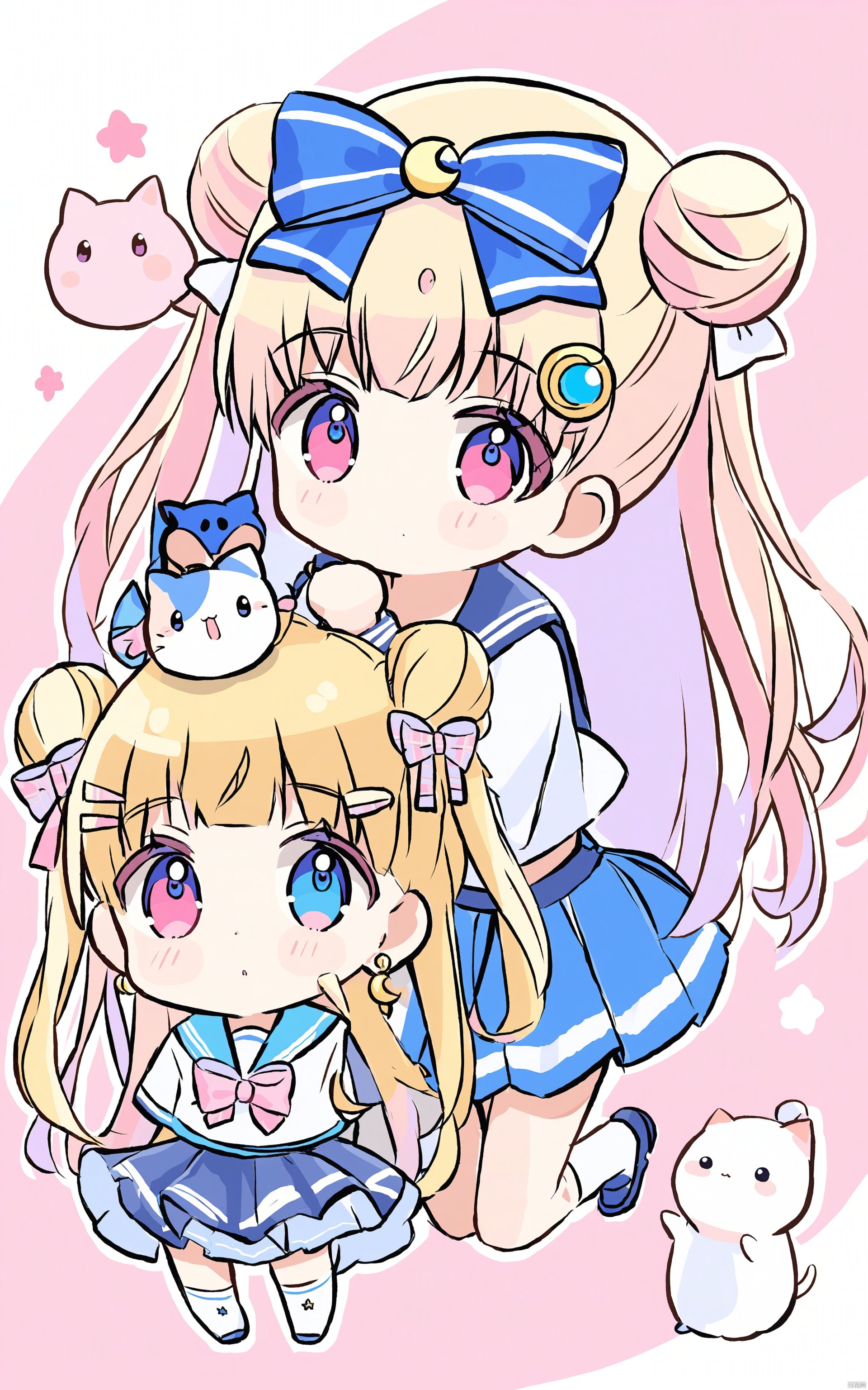  (masterpiece),(best quality) flat pencil, tsukino usagi, chibi usa, 2girls, multiple girls, cat, blonde hair, chibi, pink hair, bow, crescent, skirt, blue sailor collar, blue eyes, twintails, cone hair bun, on head, sailor collar, school uniform, hair bun, hair bow, long hair, blue skirt, animal, animal on head, double bun, white background, blue bow, serafuku, jewelry, pink eyes, hair ornament, looking at viewer, bangs, parted bangs