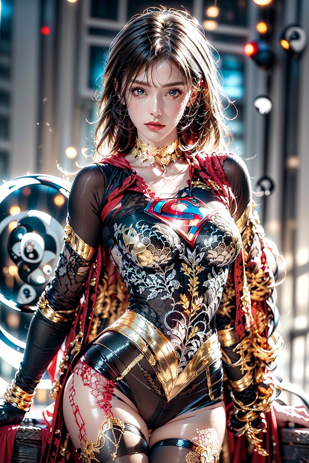 supergirl,(Black and white entanglement:1.3),(yinyang lace tights:1.5),(royal pattern shawl:1.3),(choker with red lace:1.3),(Gorgeous crystal cloak:1.3),(shibari with gold lace:1.3),Cyberpunk street,spaceship