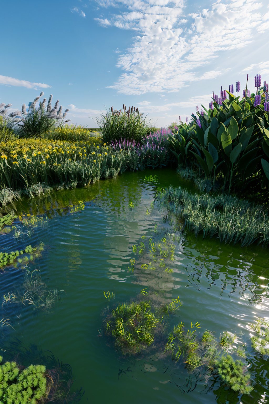 masterpiece,best quality,ss,A wetland park,with aquatic plants,water surface,water surfaceshidi,HDR,UHD,8K,best quality,masterpiece,Highly detailed,Studio lighting,sharp focus,physically-based rendering,extreme detail description,