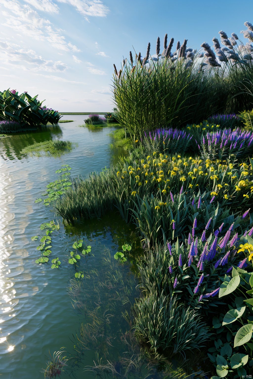 masterpiece,best quality,ss,A wetland park,with aquatic plants,water surface,water surfaceshidi,HDR,UHD,8K,best quality,masterpiece,Highly detailed,Studio lighting,sharp focus,physically-based rendering,extreme detail description,