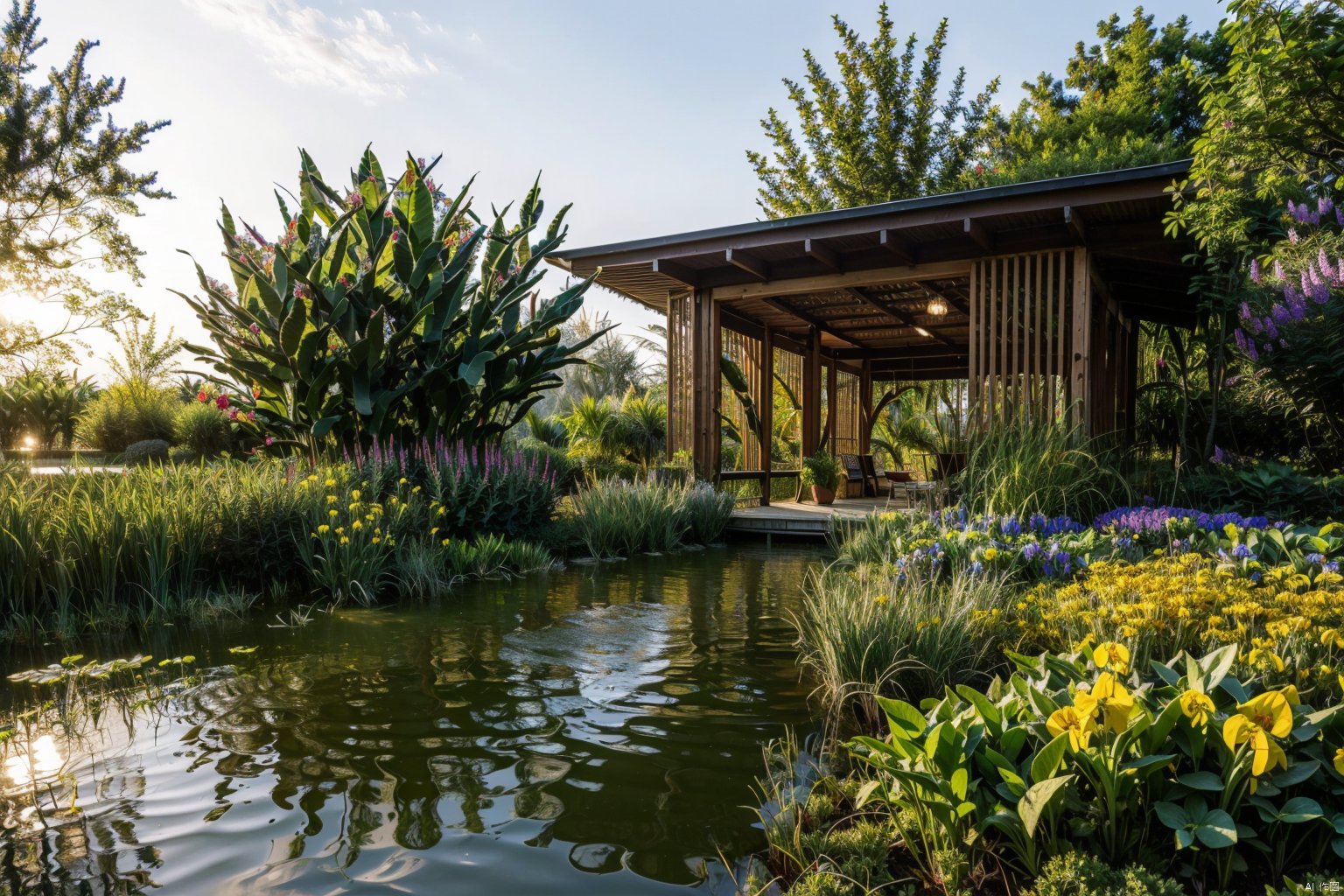 masterpiece,best quality,ss,A wetland park,with aquatic plants, thatched pavilion, boardwalk, trail, water surface,water surfaceshidi,HDR,UHD,8K,best quality,masterpiece,Highly detailed,Studio lighting,sharp focus,physically-based rendering,extreme detail description,